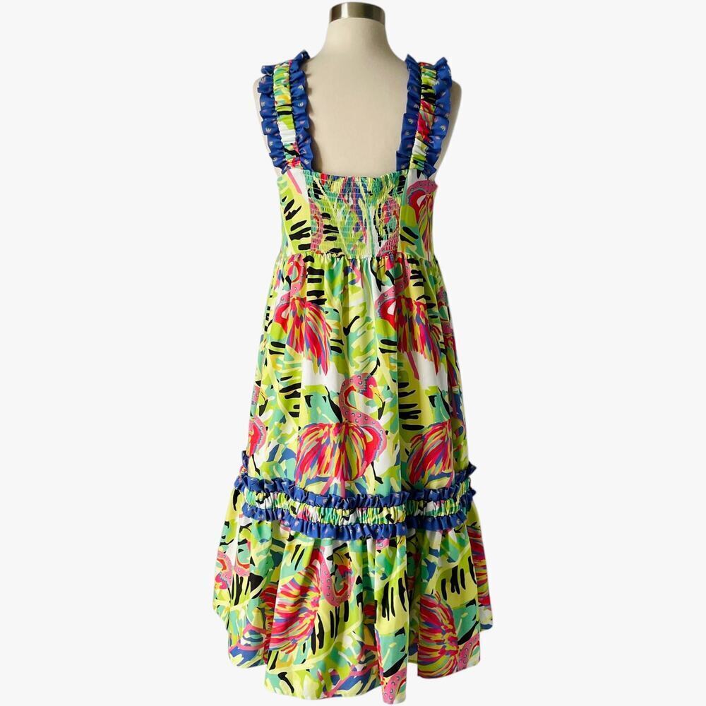 Crosby by Mollie Burch Bowie Dress Size S Green Pink Flamingo Print Resort - Picture 4 of 8
